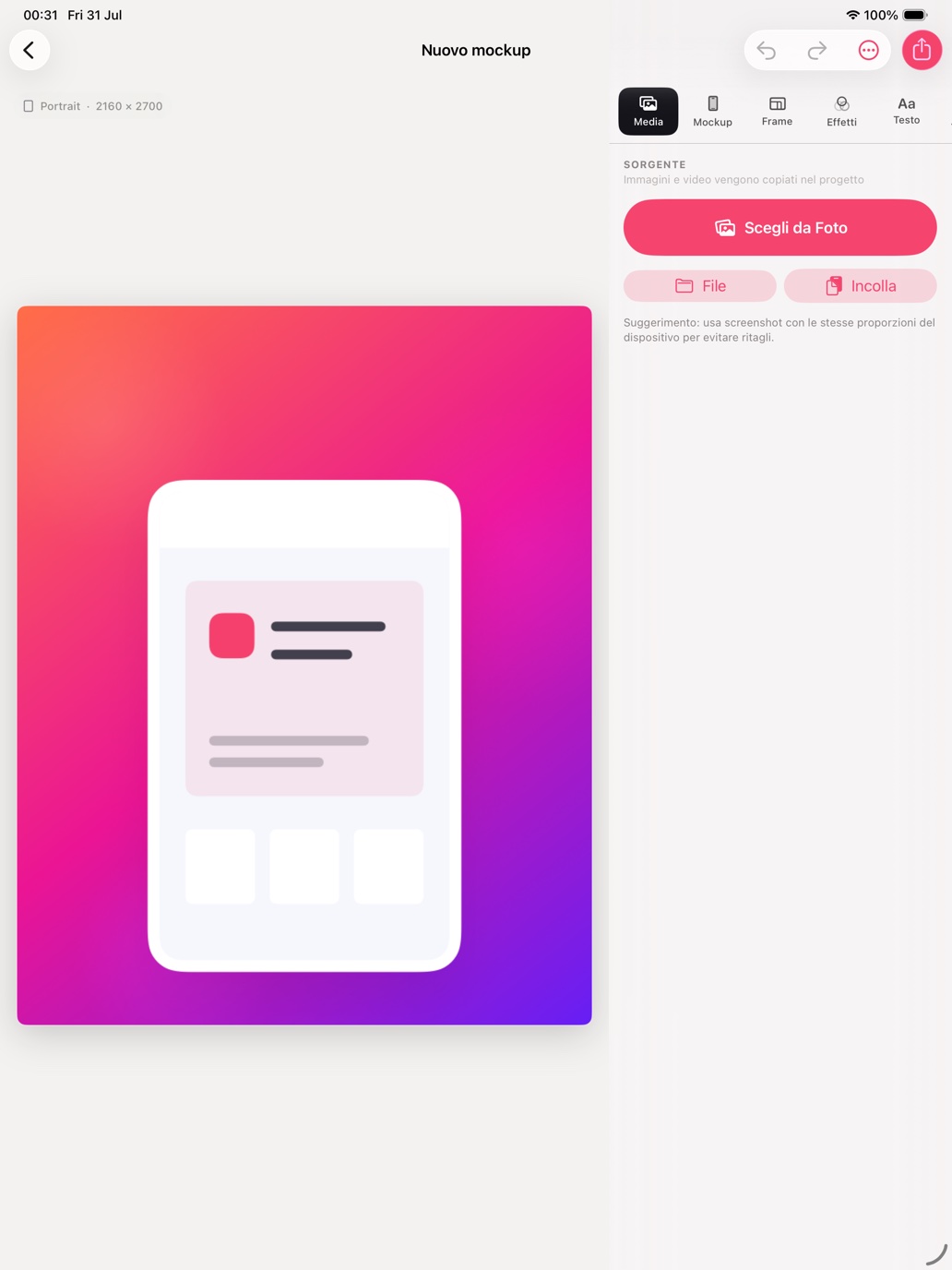 MockApp su iPad con canvas e pannello di modifica affiancati