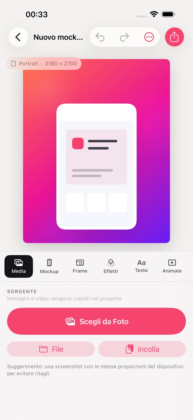 Editor di MockApp su iPhone con un mockup colorato