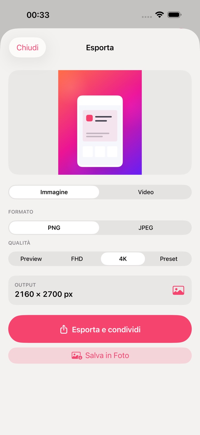 Pannello di esportazione di MockApp